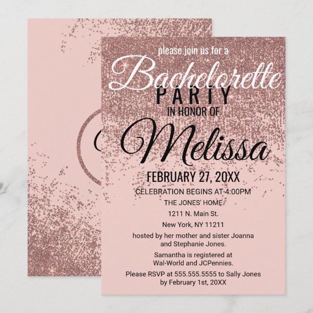 Rose Gold Glitter Sparkles Blush Pink Bachelorette Invitation (Front/Back)