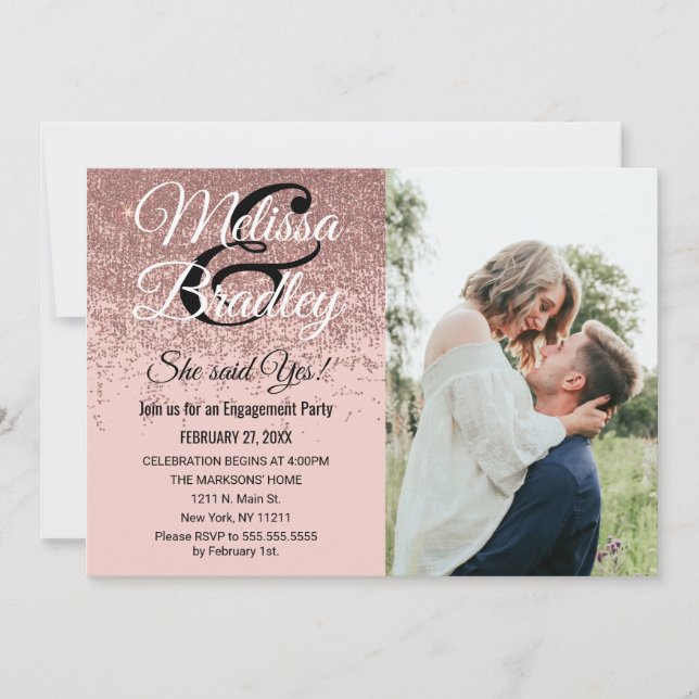 Rose Gold Glitter Sparkles Blush Pink Engagement Invitation (Front)