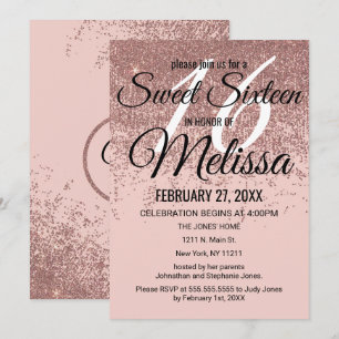 Rose Gold Glitter Sparkles Blush Pink Sweet 16 Invitation