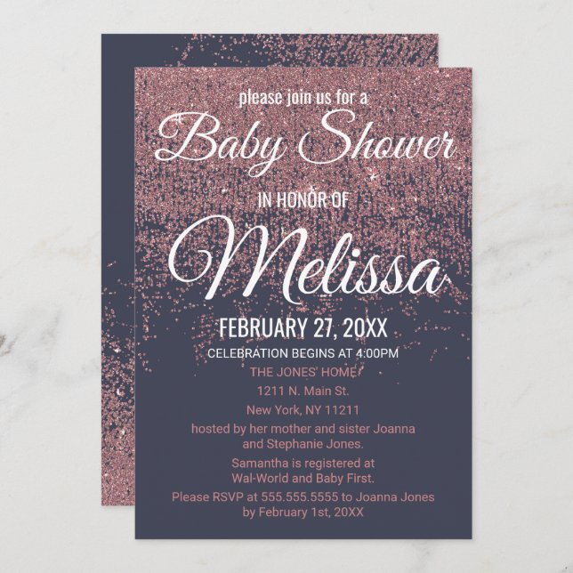 Rose Gold Glitter Sparkles Navy Blue Baby Shower Invitation (Front/Back)