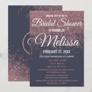 Rose Gold Glitter Sparkles Navy Blue Bridal Shower Invitation