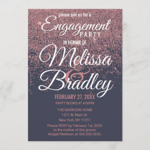 Rose Gold Glitter Sparkles Navy Blue Engagement Invitation