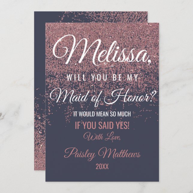 Rose Gold Glitter Sparkles Navy Blue Maid of Honou Invitation (Front/Back)
