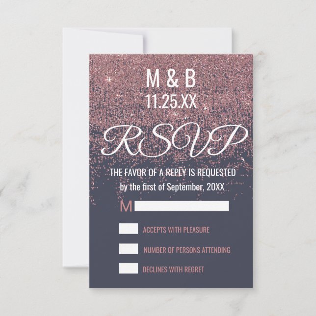 Rose Gold Glitter Sparkles Navy Blue RSVP Card (Front)