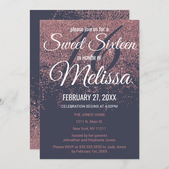 Rose Gold Glitter Sparkles Navy Blue Sweet 16 Invitation (Front/Back)