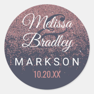Rose Gold Glitter Sparkles Navy Blue Wedding Classic Round Sticker