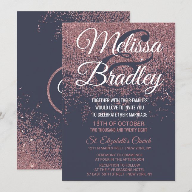 Rose Gold Glitter Sparkles Navy Blue Wedding Invitation (Front/Back)