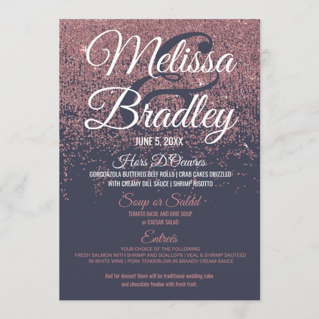 Rose Gold Glitter Sparkles Navy Blue Wedding Menu (Front)