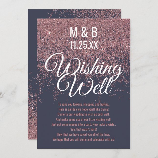 Rose Gold Glitter Sparkles Navy Blue Wishing Well Invitation (Front/Back)