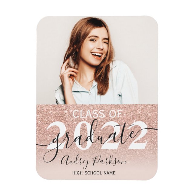 Rose gold glitter sparkles ombre photo graduation magnet (Vertical)