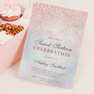 Rose gold glitter sparkles pearl nacre sweet 16 invitation