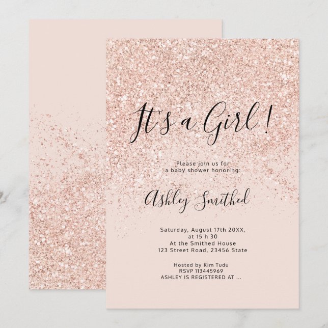 Rose gold glitter sparkles pink girl baby shower invitation (Front/Back)