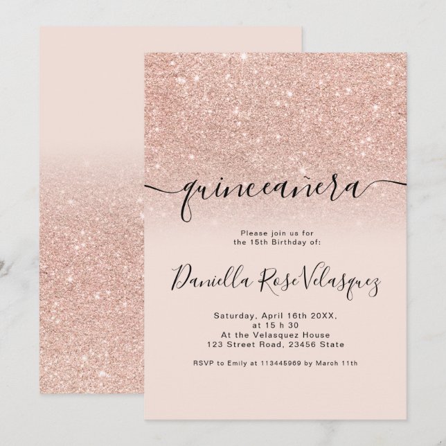 Rose gold glitter sparkles pink ombre quinceanera invitation (Front/Back)