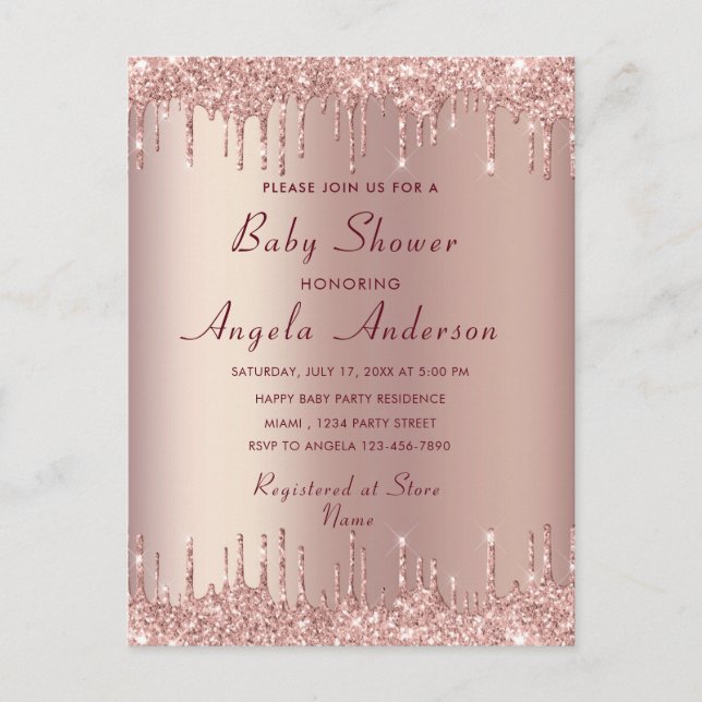 Rose Gold Glitter Sparkly Baby Shower Invitation Postcard (Front)
