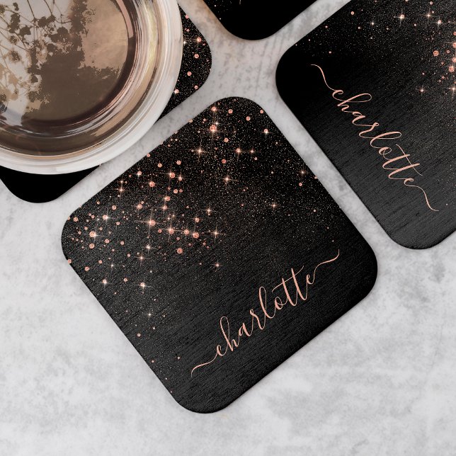 Rose Gold Glitter Sparkly Elegant Glamourous Scrip Square Paper Coaster (Creator Uploaded)