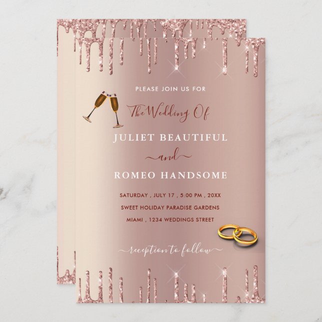 Rose Gold Glitter Sparkly Wedding Invitation (Front/Back)