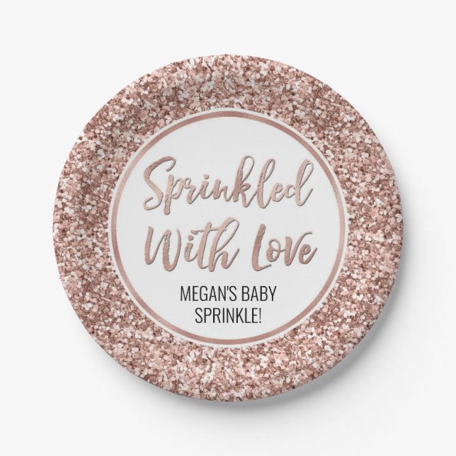 Rose Gold Glitter Sprinkled with Love Paper Plate (Front)