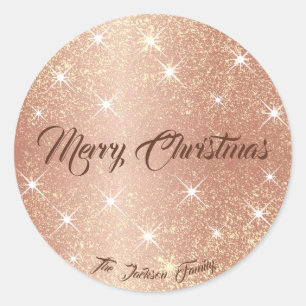 Rose Gold Glitter Stars Personalised Name Xmas Classic Round Sticker