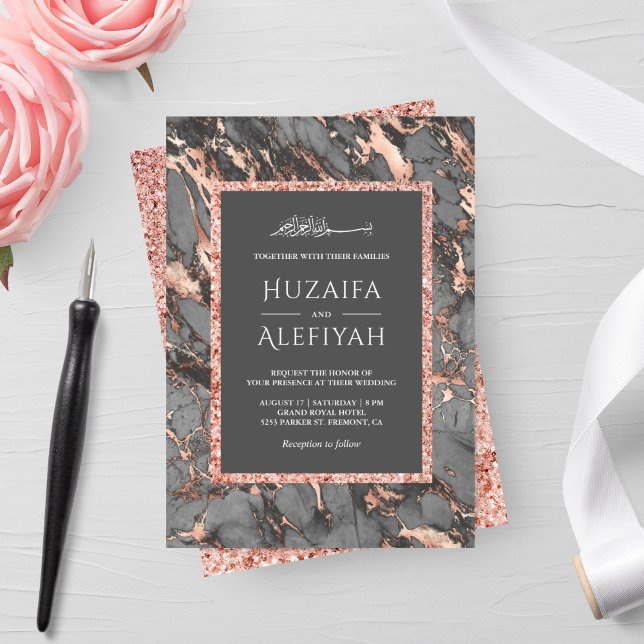 Rose Gold Glitter Steel Grey Marble Muslim Wedding Invitation (Creator Uploaded)