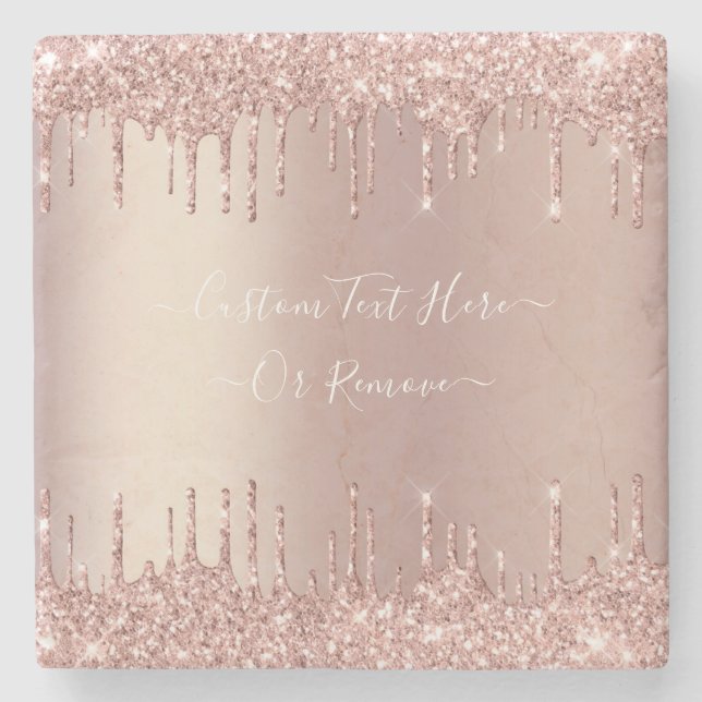 Rose Gold Glitter Stone Coaster with Custom Text (Front)