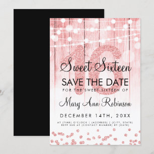 Rose Gold Glitter String Lights Sweet 16 Save Date Invitation
