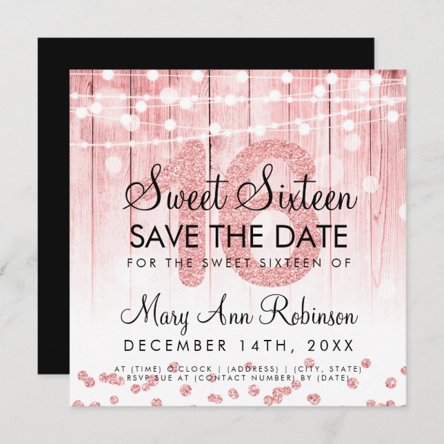 Rose Gold Glitter String Lights Sweet 16 Save Date Invitation (Front/Back)