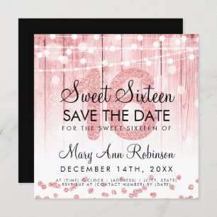 Rose Gold Glitter String Lights Sweet 16 Save Date Invitation