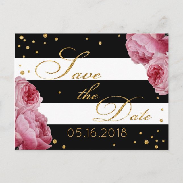 Rose Gold Glitter Stripe Modern Save the Date Announcement Postcard (Front)