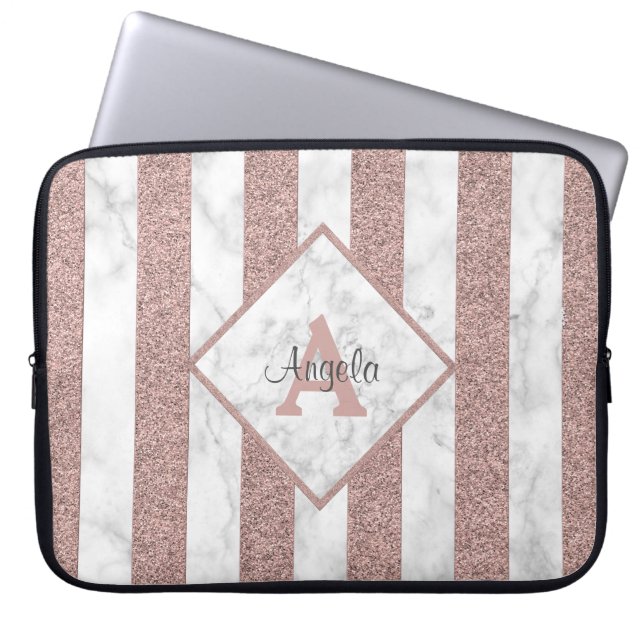 Rose Gold Glitter Stripes Marble Monogram Script Laptop Sleeve (Front)