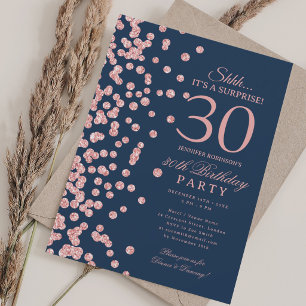 Rose Gold Glitter Surprise 30th Birthday Navy Invitation