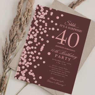 Rose Gold Glitter Surprise 40th Birthday Burgundy  Invitation