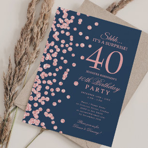 Rose Gold Glitter Surprise 40th Birthday Navy Blue Invitation