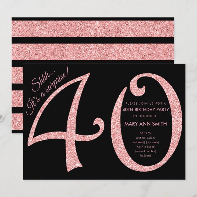 Rose Gold Glitter Surprise 40th Birthday Party Invitation (Front/Back)