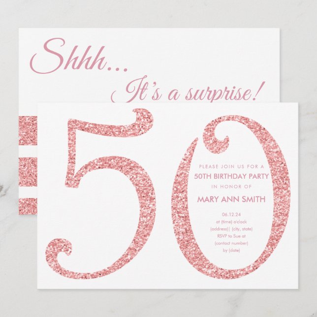 Rose Gold Glitter Surprise 50th Birthday Invitation (Front/Back)