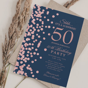 Rose Gold Glitter Surprise 50th Birthday Navy Blue Invitation