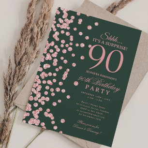 Rose Gold Glitter Surprise 90th Birthday Green Invitation