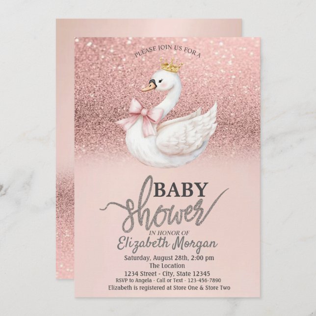 Rose Gold Glitter,Swan Bow Crown Baby Shower  Invitation (Front/Back)