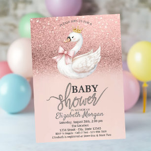 Rose Gold Glitter,Swan Bow Crown Baby Shower  Invitation