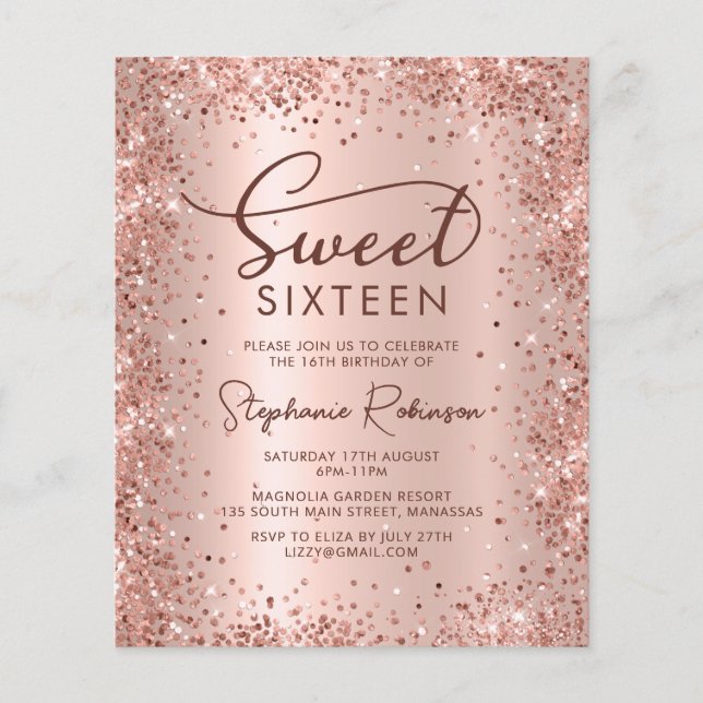 Rose Gold Glitter Sweet 16 Birthday Invitation (Front)