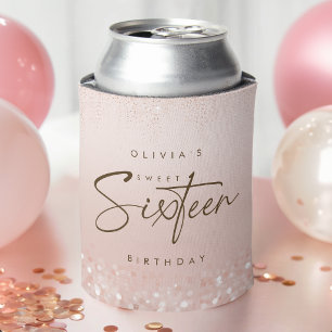 Rose Gold Glitter Sweet 16 Birthday Party Can Cooler