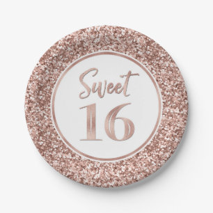Rose Gold Glitter Sweet 16 Birthday Party Paper Plate