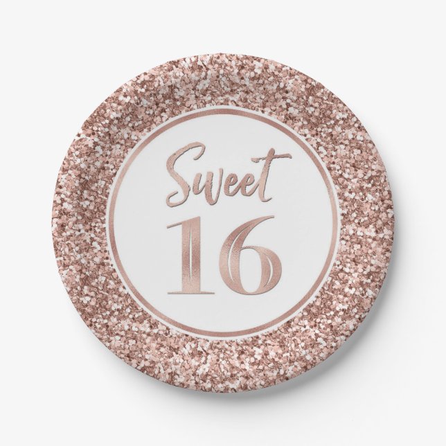 Rose Gold Glitter Sweet 16 Birthday Party Paper Plate (Front)