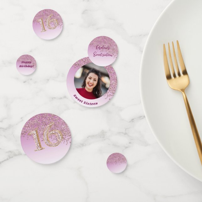 Rose Gold Glitter Sweet 16 Birthday Photo Confetti (Group)