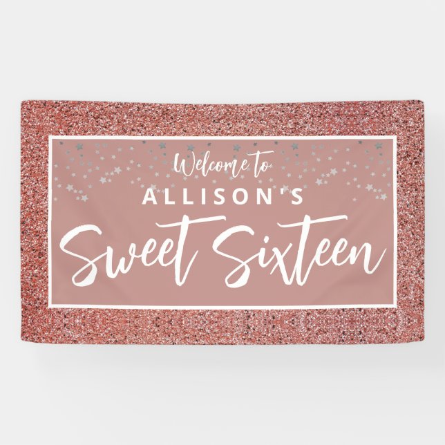 Rose Gold Glitter Sweet 16 Birthday Welcome Name Banner (Horizontal)