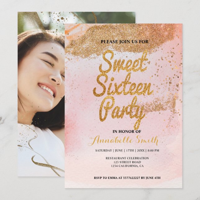 rose gold glitter sweet 16 invitation (Front/Back)