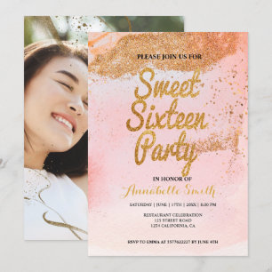 rose gold glitter sweet 16 invitation