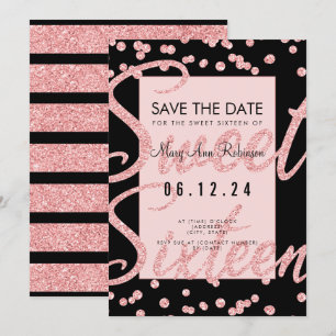 Rose Gold Glitter Sweet 16 Party Save Date Black Invitation