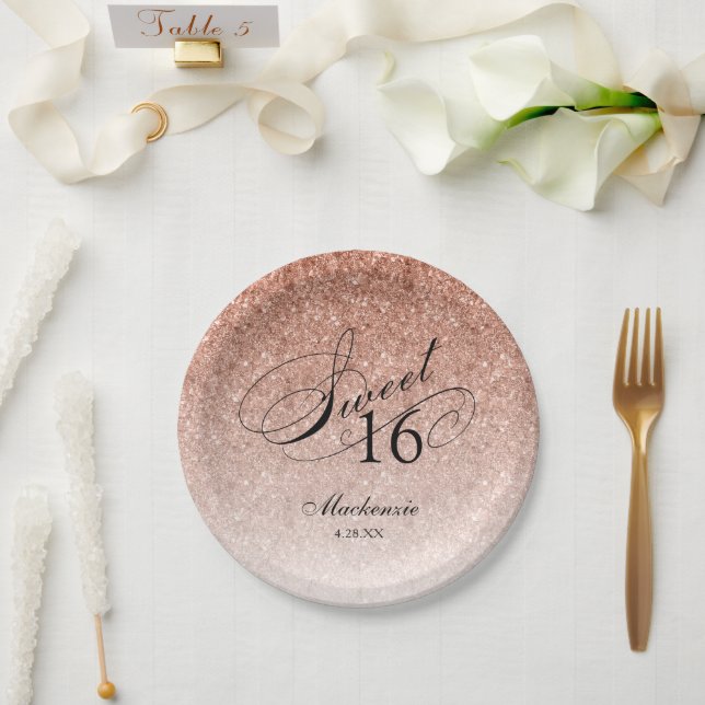 Rose Gold Glitter Sweet 16 Personalised Paper Plate (Wedding)