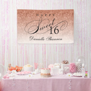 Rose Gold Glitter Sweet 16 Personalised  Party Banner