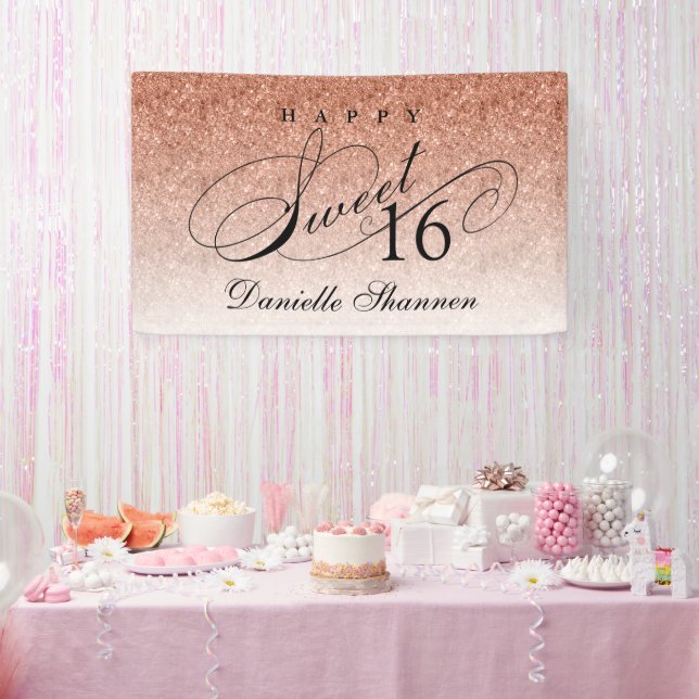 Rose Gold Glitter Sweet 16 Personalised  Party Banner (Party)